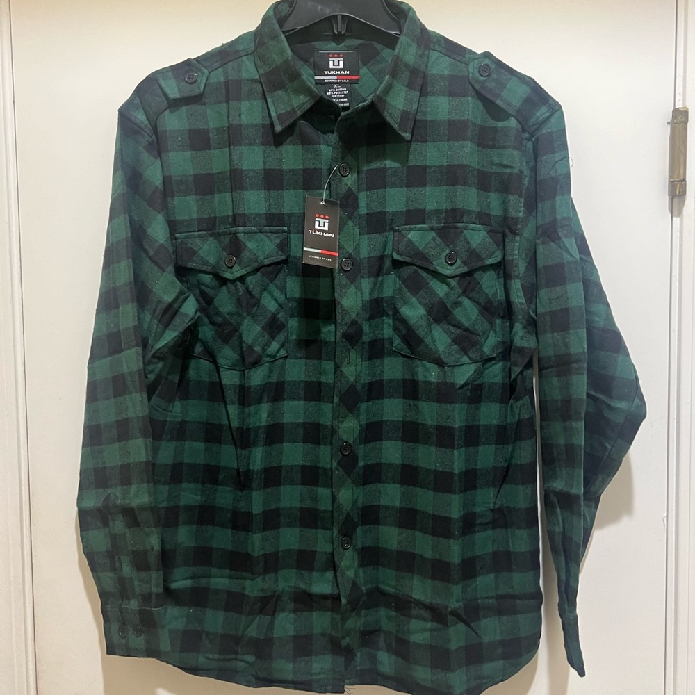 Flannel Plaid Men's Shirt, Soft Fuzzy Fleece Warm - No Lining, Green  Color -NEW